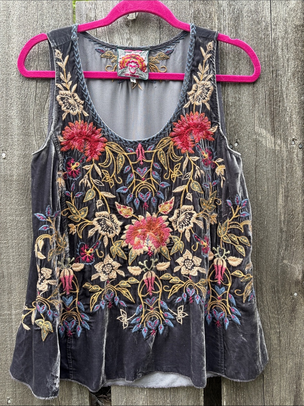Johnny Was Embroidered Velvet Tank Top - Gray with Multicolor Floral Embroidery